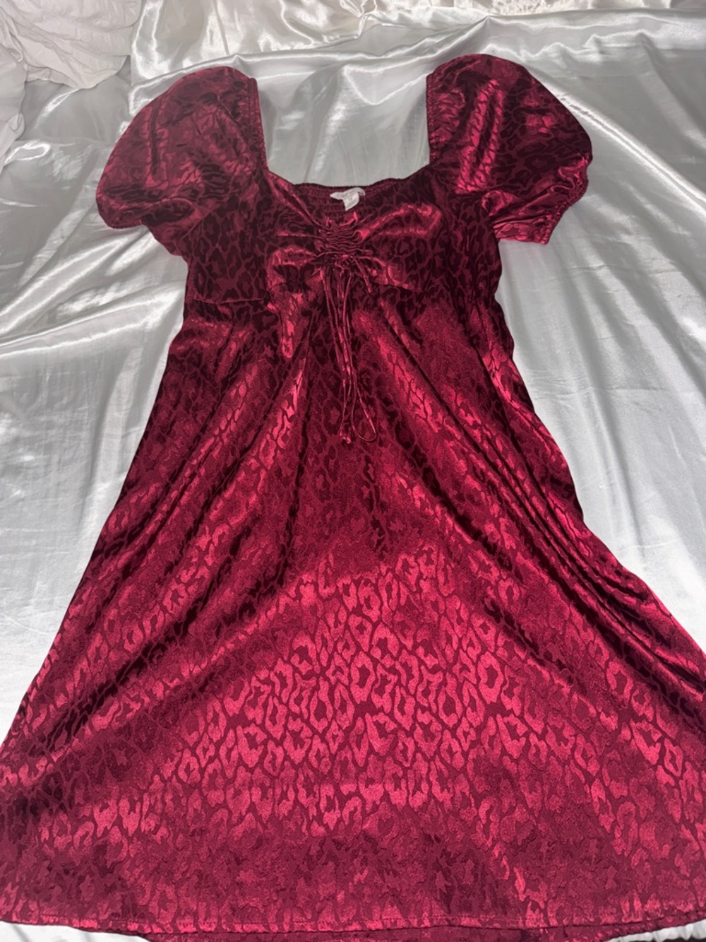 Cato Burgundy Red Satin Mini Dress with Puff Sleeves